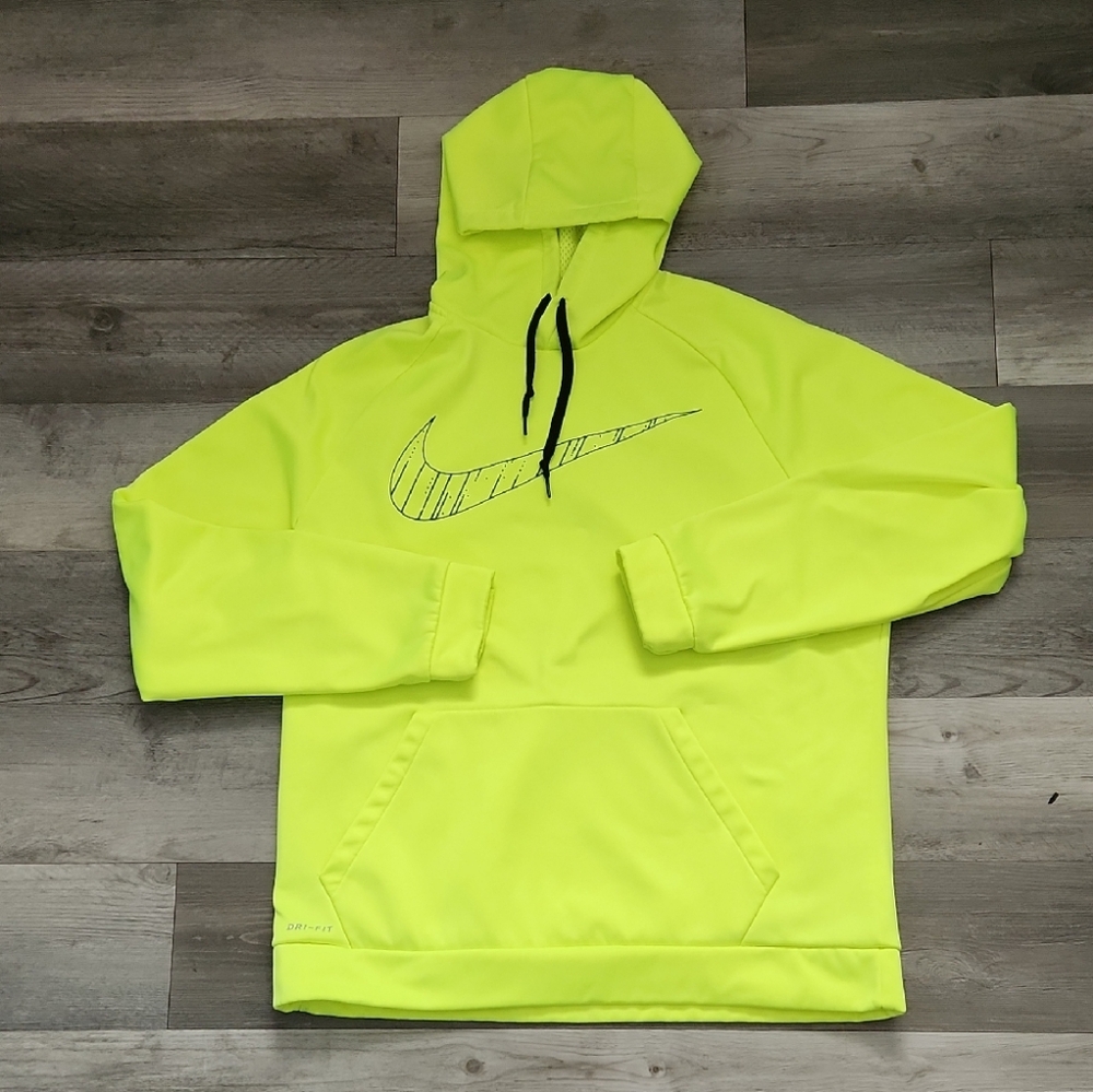 Nike Neon Yellow Hoodie Distressed Black Swoosh Dri-Fit Mens XL